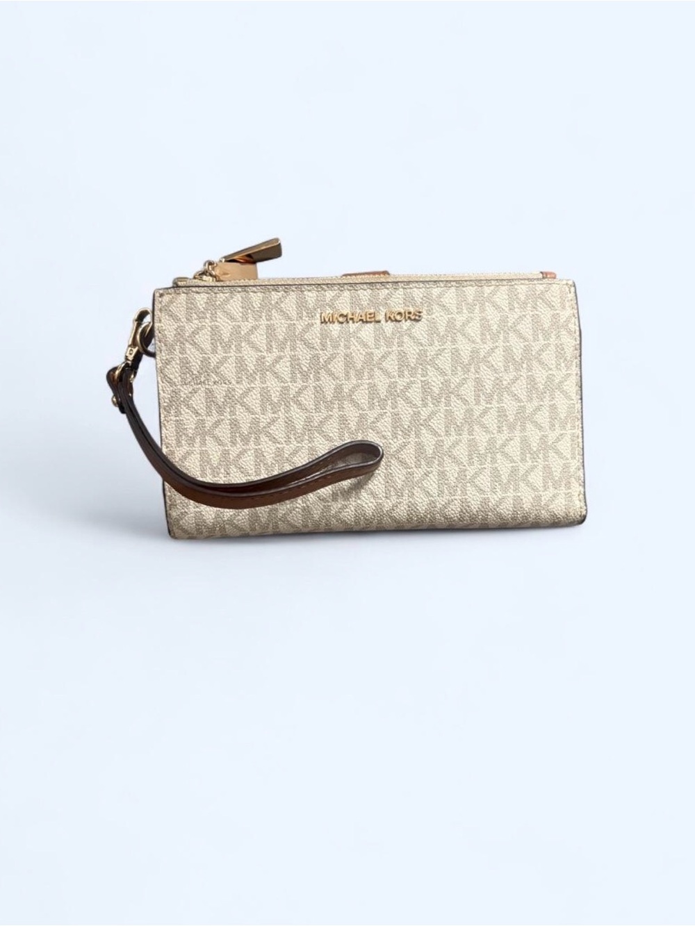 Michael Kors Gold Logo-Print Wristlet with Brown Strap